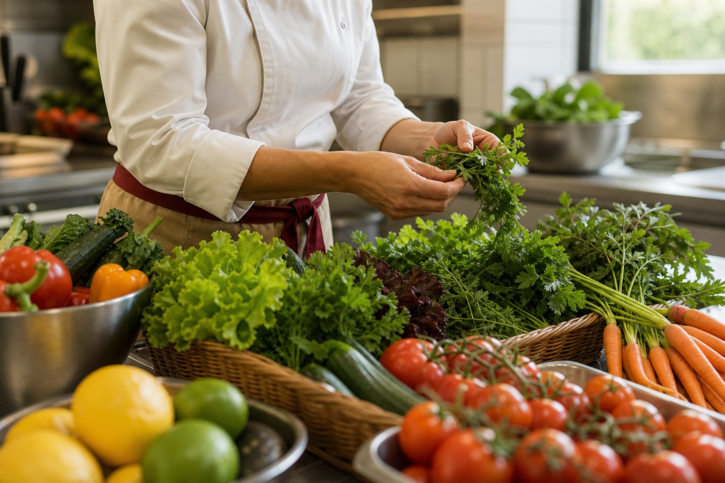 Seleção cuidadosa de legumes, verduras e ervas frescas na cozinha.