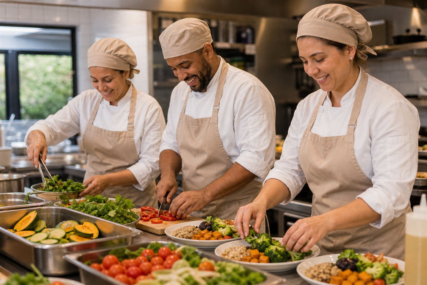 Equipe de cozinha preparando refeições saudáveis em conjunto.
