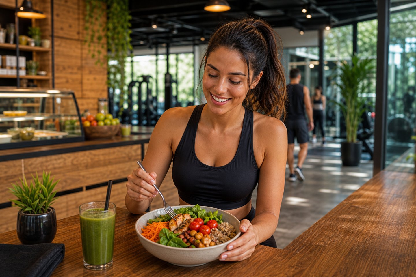 Pessoa aproveitando uma refeição nutritiva em um café de academia.